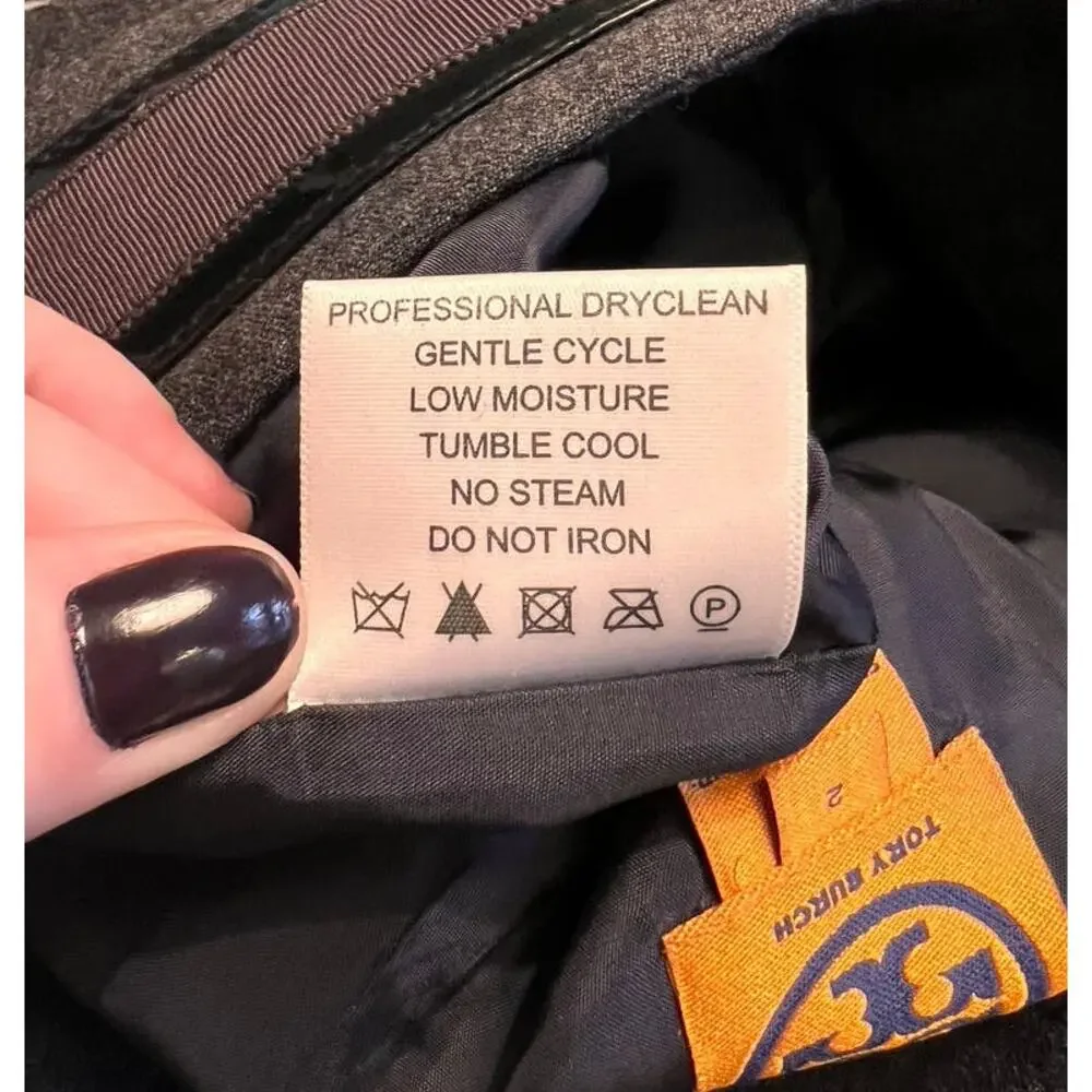 Tory Burch Wool A Line Skirt Patent Ribbon Trim Style 23081306 Size 2 Gray Black - Picture 11 of 11